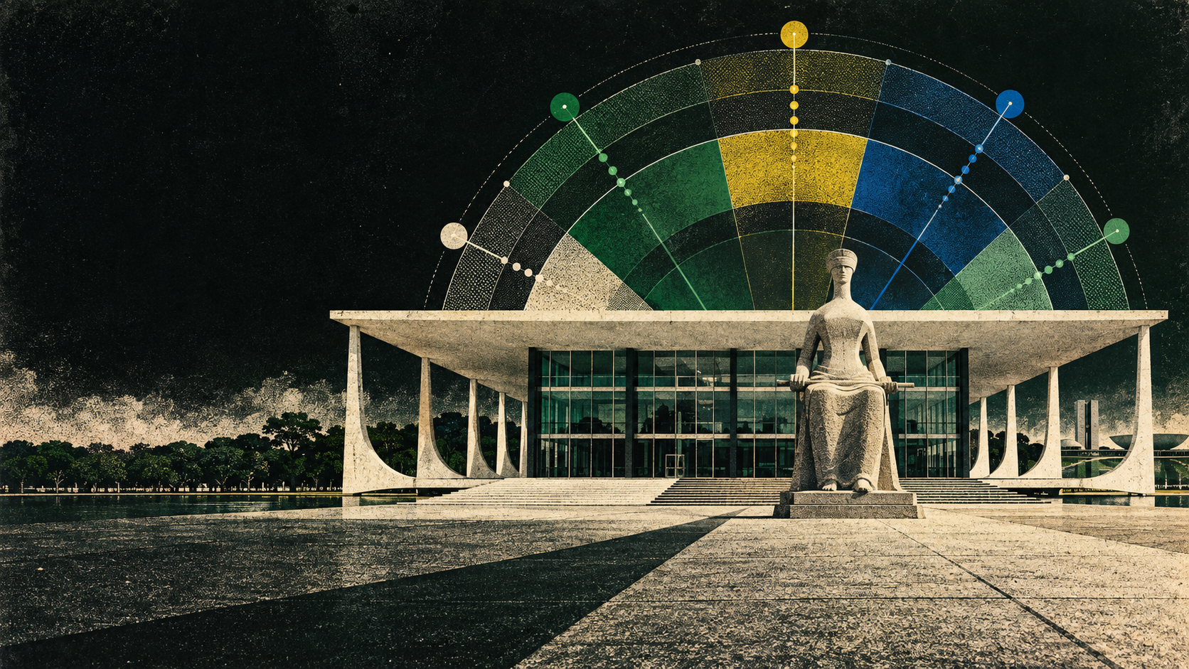 Ilustração editorial do Judiciário brasileiro como instrumento de governança de cinco dimensões